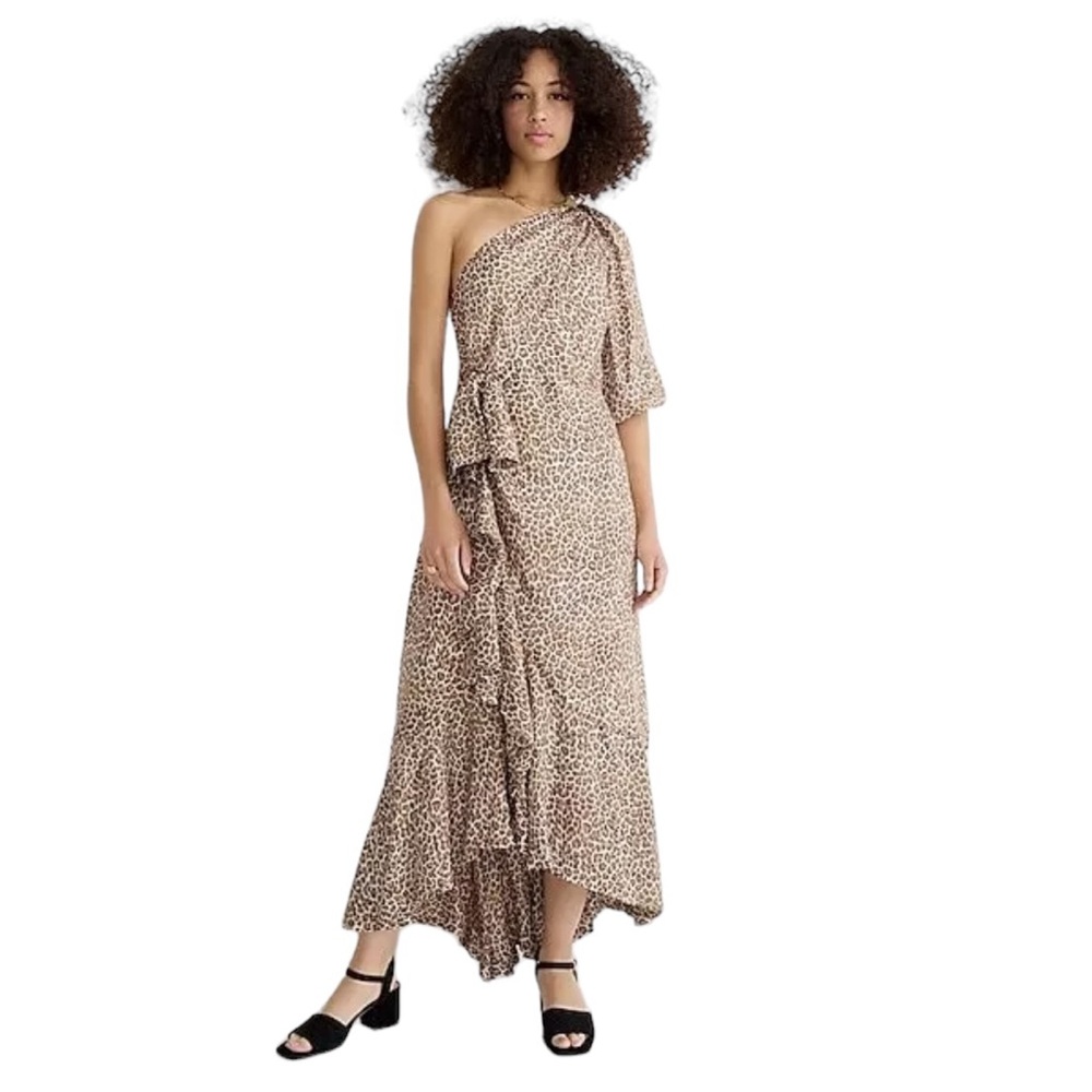 Nwt J Crew Collection Leopard Print One-Shoulder Ruffle Hem Midi A-Line Dress 18